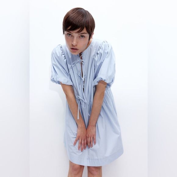 H&M TIE-DETAIL PUFF-SLEEVED DRESS - Picture 3 of 6